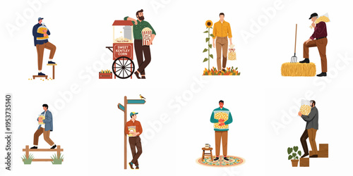 Set of flat vector illustrations depicting men in various autumn and farm-related scenarios, featuring popcorn, harvest elements, and rustic outdoor settings.