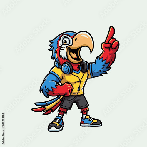Vibrant cartoon parrot mascot wearing headphones and athletic clothes, pointing finger upwards with a confident, energetic smile