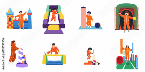Vector illustrations of children in orange tracksuits enjoying various activities in a colorful indoor soft play and inflatable playground.