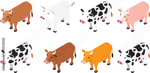 Isometric cow illustration set farm animals cattle dairy cows different breeds livestock flat vector collection agriculture design concept