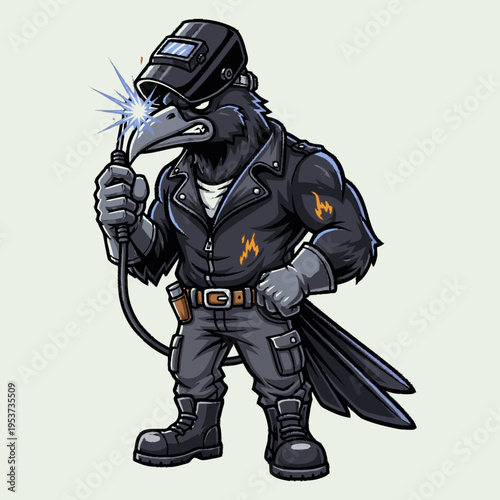 Strong Cartoon Crow Welder Character Illustration with Protective Mask, Leather Jacket, and Bright Welding Arc Sparks
