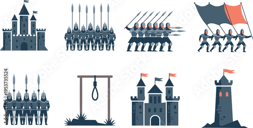 Medieval army and castle icons set knights soldiers battle formation fortress gallows flat vector illustration collection design concept