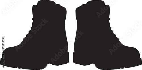 Minimalist black silhouette hiking boots pair front view isolated clean outline