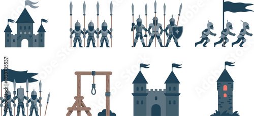 Medieval knights and castle icon set soldiers army fortress battle gallows weapons history flat vector illustration collection design