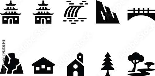 Minimalist landmark icons set pagoda waterfall mountains bridge house church trees silhouette black white vector illustration collection design