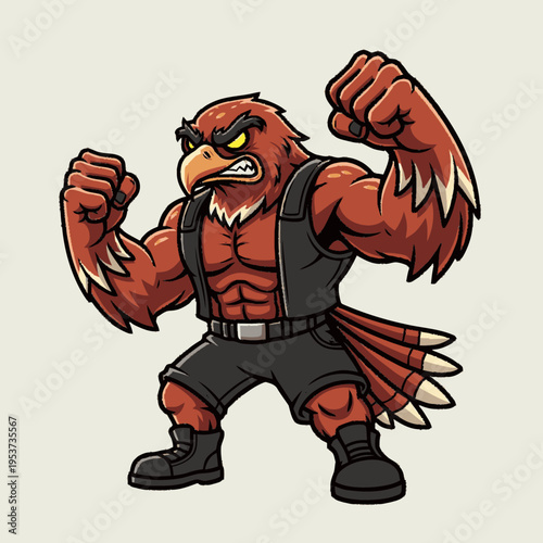 Angry muscular red bird mascot character illustration, powerful anthropomorphic hawk with clenched fists in a dynamic pose.
