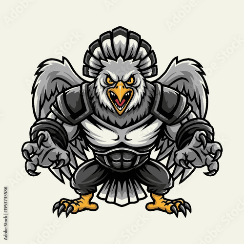 Powerful Cartoon Eagle Mascot in Battle Armor Vector Illustration, Strong Mythical Bird Character Design
