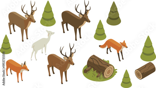Woodland animals isometric set deer fox forest trees wildlife nature vector illustration collection outdoor ecosystem design concept