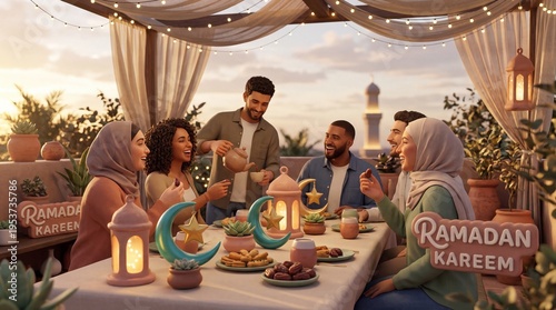 Diverse group of friends sharing an iftar meal during Ramadan on a rooftop terrace