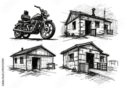 Sketch of a motorcycle and three rustic buildings with garages and sheds