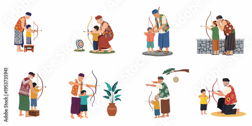 Collection of illustrations showing a grandfather teaching his grandson traditional archery, featuring Southeast Asian cultural attire and intergenerational bonding.