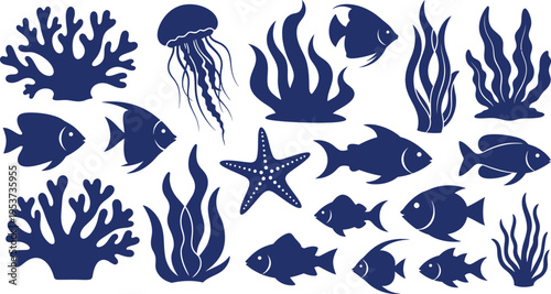 Collection of various ocean creatures and coral reef silhouettes in dark blue on a white background