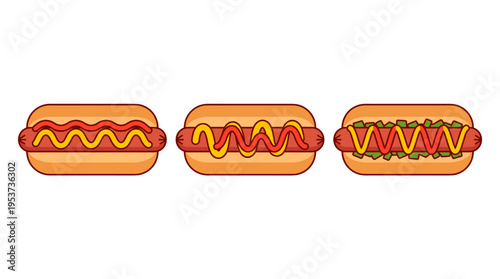 Three delicious hot dogs with different toppings, a culinary delight ready to eat
