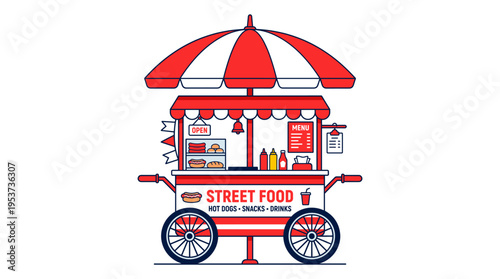 A vintage food cart with a red and white striped awning and various food items displayed 