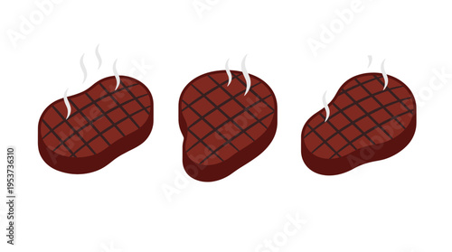 Three delicious grilled steaks with steam rising, perfect for a culinary scene. The steaks are cooked to perfection with grill marks