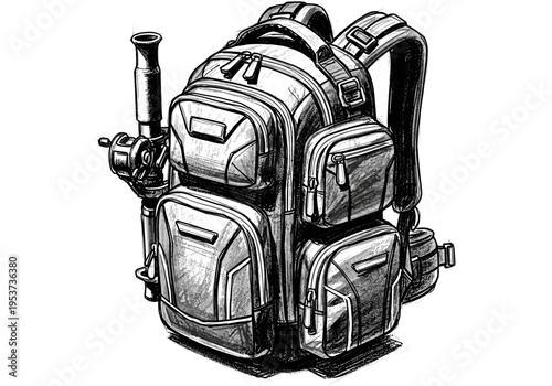 Detailed sketch of a fishing backpack with a rod and reel attached, ready for adventure