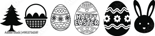 Happy easter sunday clip art with easter eggs bunny basket and tree