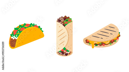 Delicious Mexican food trio: taco, burrito, and quesadilla. A visually appealing depiction of Mexican culinary delights