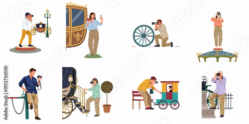 Set of flat illustrations showing people taking photos and selfies near vintage carriages and historical objects.