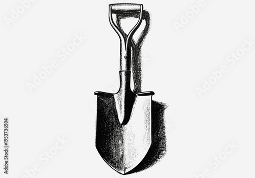 Black and white illustration of a garden spade with a strong shadow on a white background