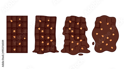 Melting chocolate bar with nuts showing stages
