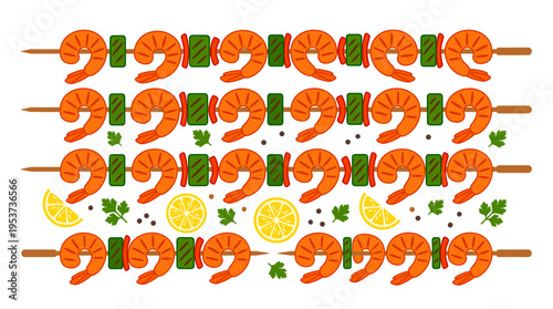 Delicious and appetizing shrimp skewers, artfully arranged with vibrant ingredients