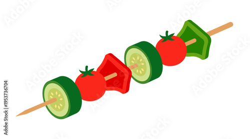 A colorful skewer of fresh vegetables: tomato, cucumber, and pepper, ready to be enjoyed