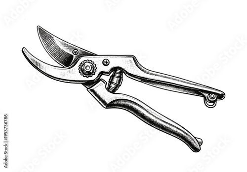 Detailed illustration of pruning shears with a focus on the cutting blades and handles