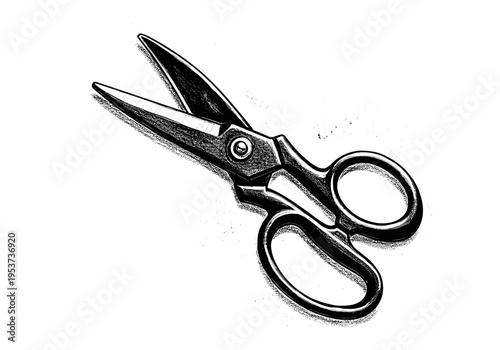 Classic open scissors with a detailed ink drawing style on a white background
