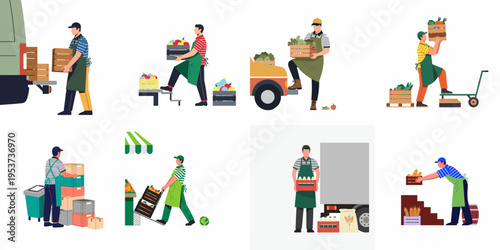 Set of vector illustrations featuring male workers loading and unloading crates of fresh food, vegetables, and milk from delivery trucks.