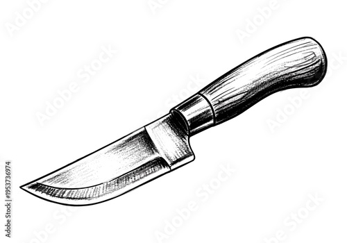 Detailed sketch of a sharp kitchen knife with a wooden handle on a white background