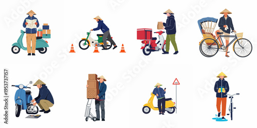Flat vector illustration set of people in conical hats performing various transportation and delivery tasks in Southeast Asia.