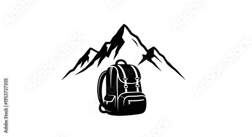 Adventure Backpacking Gear with Mountain Landscape Silhouette