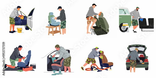 Set of flat illustrations depicting men performing various car interior cleaning and detailing tasks such as washing seats, vacuuming, and wiping surfaces.