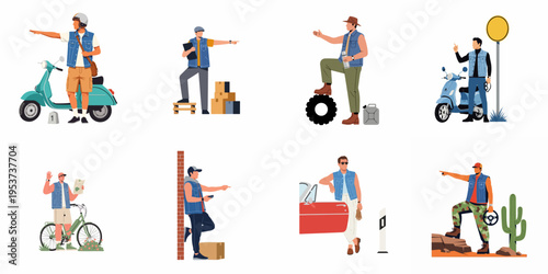 Diverse Collection of Men in Denim Vests Engaged in Various Outdoor Travel, Transport, and Adventure Activities, Flat Vector Illustration Set.