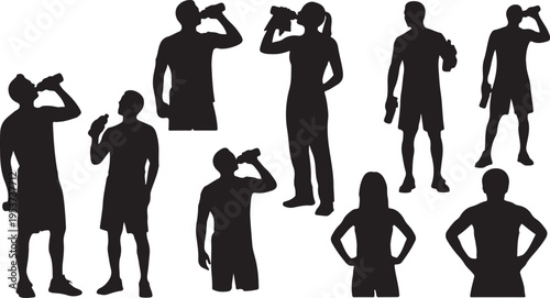 Silhouettes of people drinking from bottles outdoors