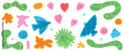 Bird and heart paper cutout set with crayon texture for folk scrapbook. Colorful bird shapes and hearts with naive folk texture and rope blobs. Vector free form sticker collage set with cutout element