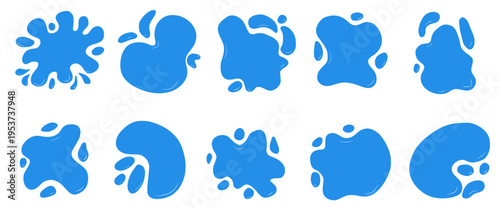 Naive water splash frames. Simple puddle with paint stain and blot shape. Blue figure or blotch frames. Fluid abstract blob and drip for text on a white background. Vector illustration set isolated.