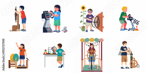 A collection of illustrations showing diverse children playing and learning by interacting with various wheels, steering mechanisms, and mechanical controls in imaginative settings.