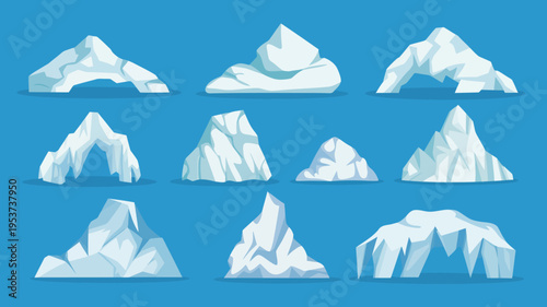 Collection of diverse cartoon icebergs and ice formations blue background arctic