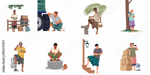 Collection of illustrations depicting South Asian working-class men in traditional sarongs eating and resting in various outdoor and everyday settings.