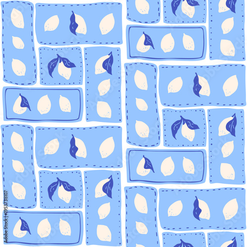 Lemons hand drawn geometric blue white seamless pattern. Patchwork fruit summer endless background repeat cover. Surface pattern design italian mediterranean motif. Vector citrus illustration.