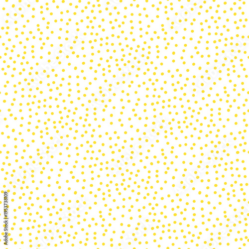 Polka dot seamless pattern with scattered yellow dots on white background. Summer dot tile in cute hand drawn naive motif for allover print. Abstract polka vector repeat with vintage grain.