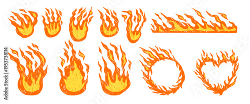 Pastel brush spicy hot fire elements. Vector grunge texture flames set. Doodle fireball and burned heart icons. tickers for collage projects. Simple grill spice shapes. Vector naive punk rock element.
