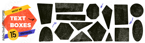 Textured text box shapes with grunge ink and crayon brush on white. Geometric quotation box frame including triangle, hexagon, arch and oval. Hand drawn vector sticker set for quote and callout design