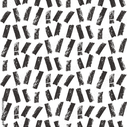 Small dash random vertical lines seamless pattern. Repeat background with ink roller charcoal brush stroke. Black chalk pencil spots pattern design. Hand drawn short line texture. Vector irregular bg.