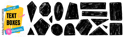 Abstract geometric shapes with crayon and kid naive texture on white. Rough geometric shape set including triangle, rectangle, oval and arch. Linocut hand drawn vector element for text box and sticker