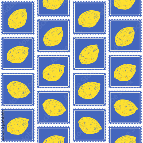 Seamless lemon pattern in bold blue postage stamp frame for summer print. Italian fruit and floral motifs in a seamless pattern of trinket stamp tiles. Coastal vector for kitchen decor and aop textile