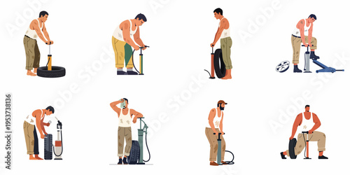Collection of male mechanics and men inflating car tires using manual hand air pumps, depicting tire maintenance and manual labor.