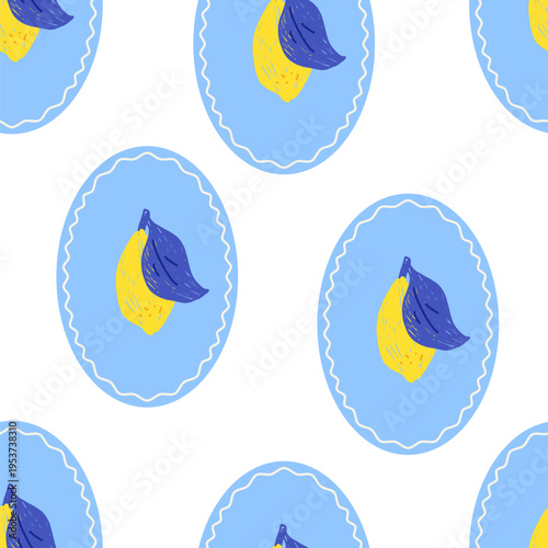 Seamless citrus pattern in oval blue cameo frame with fruit motif on white. Amalfi floral seamless pattern with mediterranean lemon in scallop frame. Italian summer vector for coastal food aop.